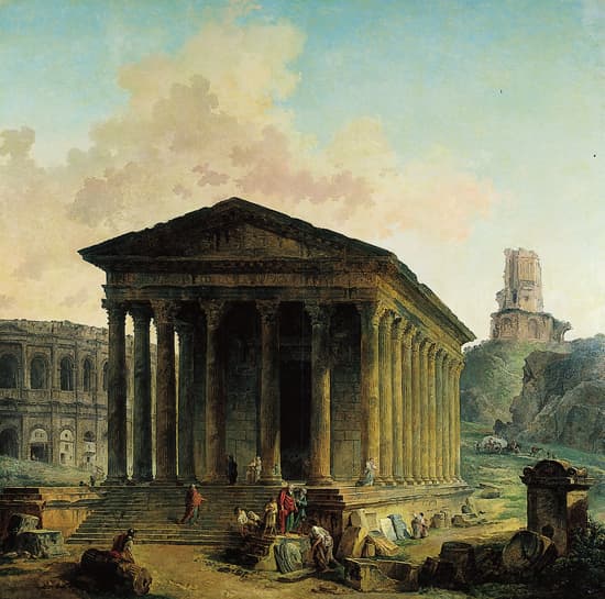Hubert Robert, <i>la Maison carrée, les arènes et la tour Magne à Nîmes</i>