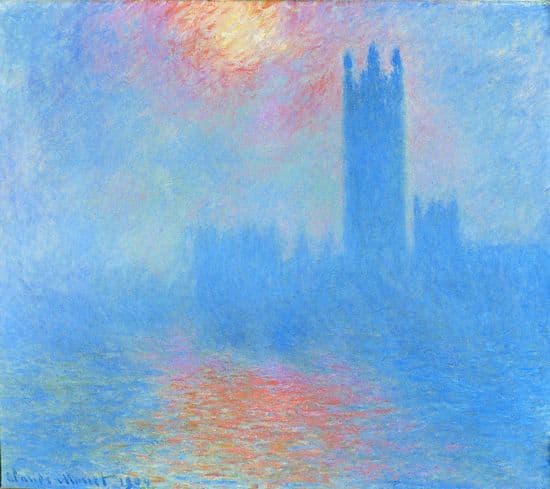 Claude Monet, <i>Londres, le Parlement ; trouée de soleil dans le brouillard</i>