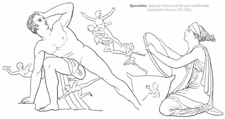 <B>Épiméthée</B>, séduit par Pandore, lui fait ouvrir la boîte fatale. <B>Épiméthée</B>, séduit par Pandore, lui fait ouvrir la boîte fatale.