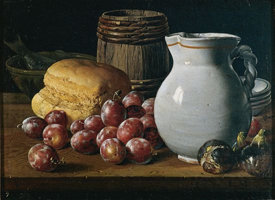 Luis Meléndez, <i>Nature morte aux prunes, figues, pain et récipients</i>
