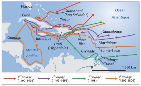 Carte : Les voyages de Christophe Colomb, 1492-1504