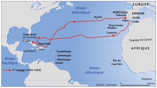 carte des voyages de christophe colomb Encyclopédie Larousse en ligne   Le premier voyage de Christophe 