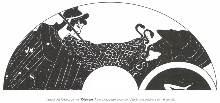 L'assaut des Géants contre l'Olympe, Athéna repousse Encelade. L'assaut des Géants contre l'Olympe, Athéna repousse Encelade.