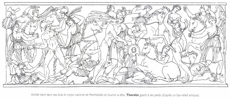 Achille tient dans ses bras le corps inanimé de Penthésilée et tourne la tête, Thersite gisant à ses pieds.