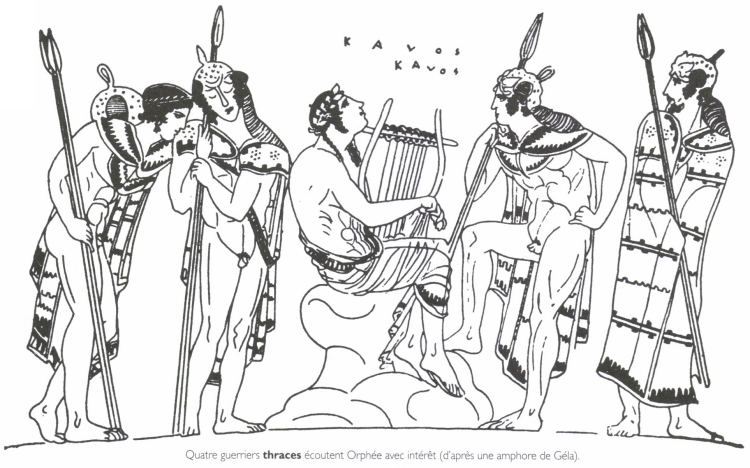 Quatre guerriers thraces écoutent Orphée avec intérêt. Quatre guerriers thraces écoutent Orphée avec intérêt.