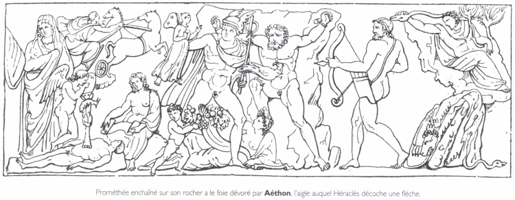 Prométhée enchaîné sur son rocher a le foie dévoré par Aéthon, l'aigle auquel Héraclès décoche une flèche.