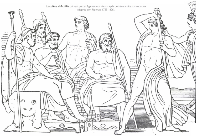 La colère d'Achille qui veut percer Agamemnon de son épée ; Athéna arrête son courroux.