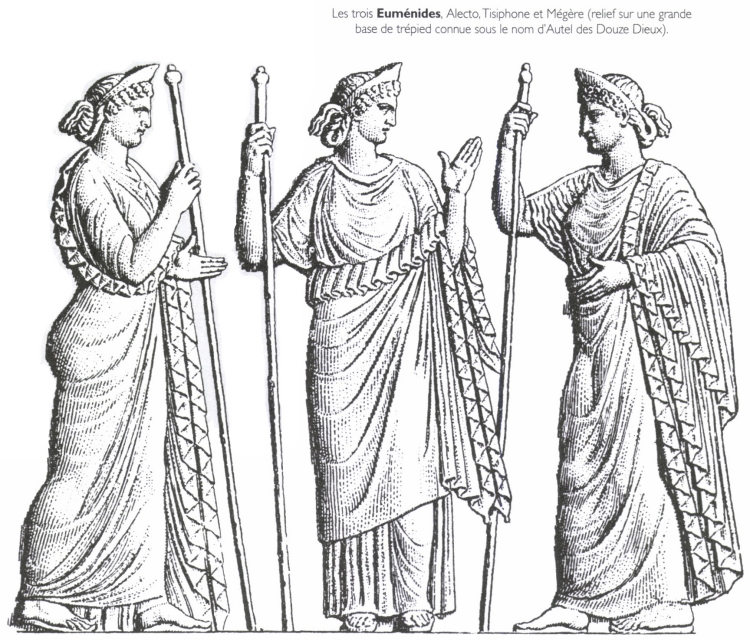Les trois <B>Euménides</B>, Alecto, Tisiphone et Mégère.