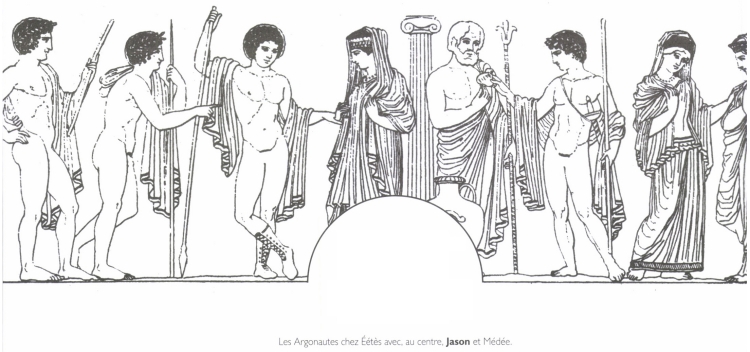 Les Argonautes chez Éétès avec, au centre, Jason et Médée.