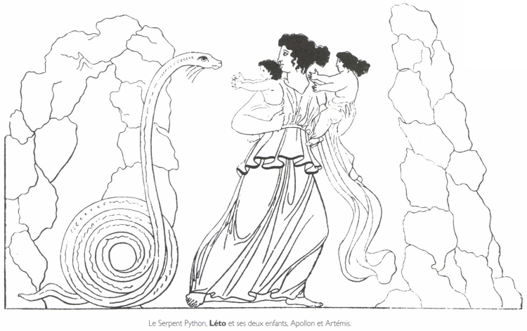 Le Serpent Python, Léto et ses deux enfants, Apollon et Artémis.