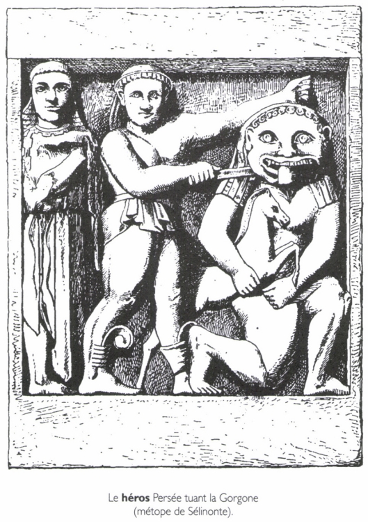 Le <B>héros</B> Persée tuant la Gorgone (métope de Sélinonte).