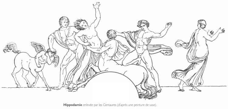 <B>Hippodamie</B> enlevée par les Centaures (d'après une peinture de vase).