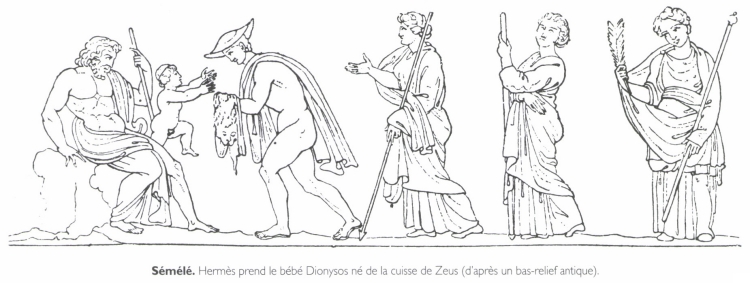 Sémélé. Hermès prend le bébé Dionysos né de la cuisse de Zeus.
