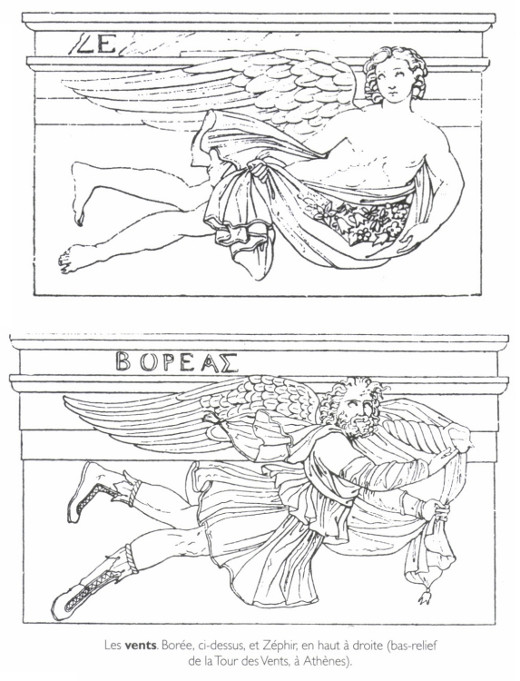 Les vents. Borée, ci-dessus, et Zéphir, en haut à droite.